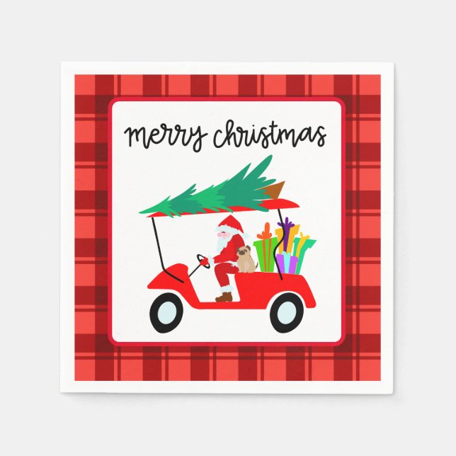 Golf Merry Christmas with Santa riding golf cart   Napkin (Front)