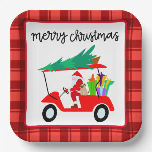 Golf Merry Christmas with Santa riding golf cart   Paper Plate