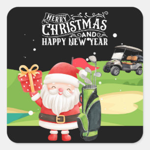 Golf Merry Christmas with Santa riding golf cart Square Sticker