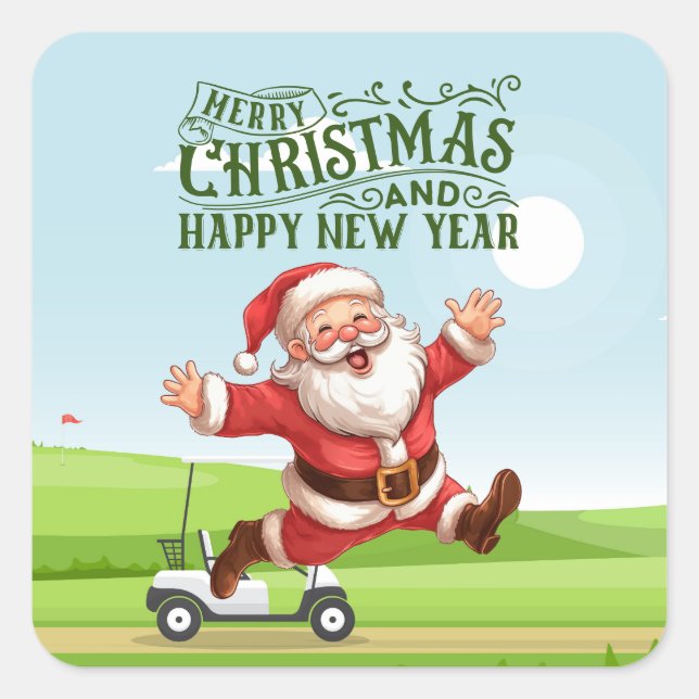 Golf Merry Christmas with Santa riding golf cart  Square Sticker (Front)