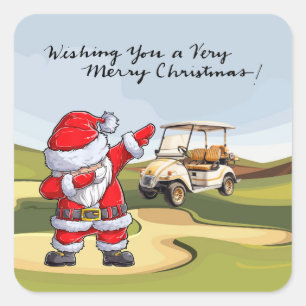 Golf Merry Christmas with Santa riding golf cart  Square Sticker