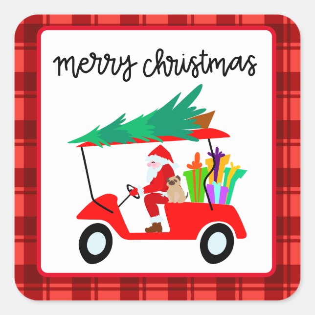 Golf Merry Christmas with Santa riding golf cart  Square Sticker (Front)