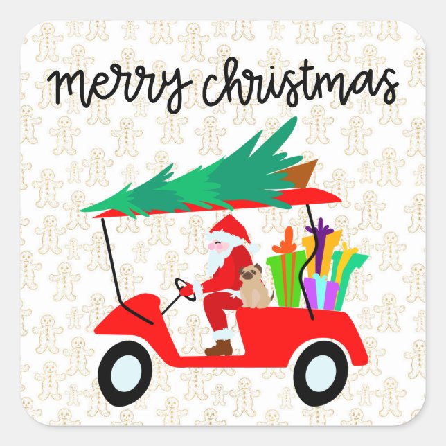 Golf Merry Christmas with Santa riding golf cart  Square Sticker (Front)