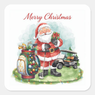 Golf Merry Christmas with Santa riding golf cart  Square Sticker