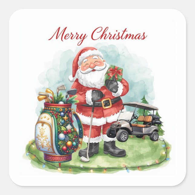 Golf Merry Christmas with Santa riding golf cart  Square Sticker (Front)