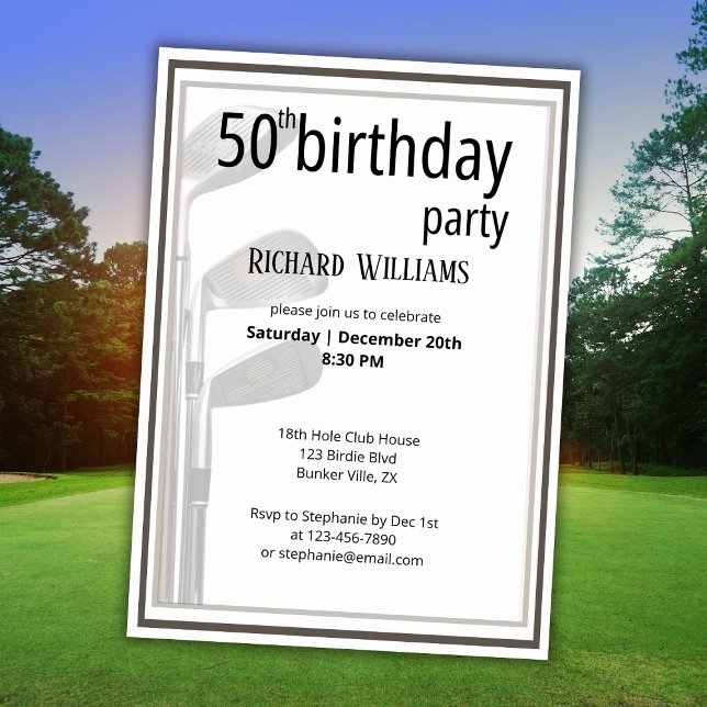 Golf Modern Black White Men's 50th Birthday Invitation (Creator Uploaded)