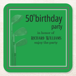 Golf Modern Corporate Green Black 50th Birthday Square Paper Coaster
