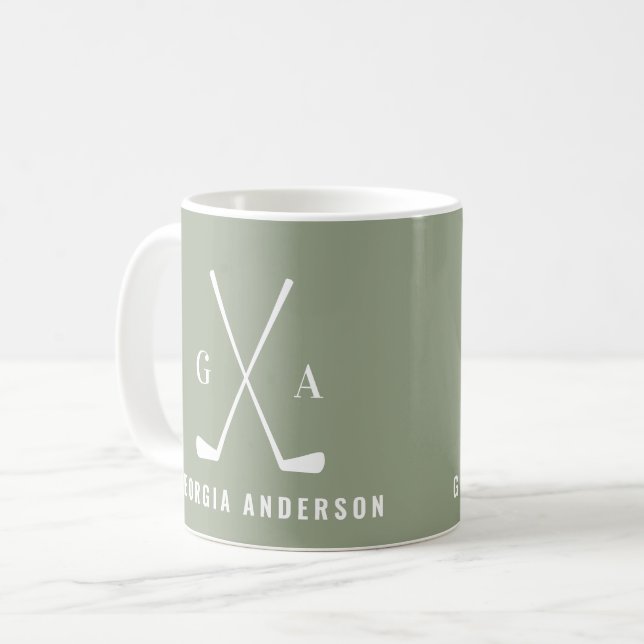 Golf modern typography initial monogram sage green coffee mug (Front Left)