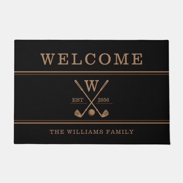Golf Monogram Family Name Brown Black Doormat (Front)