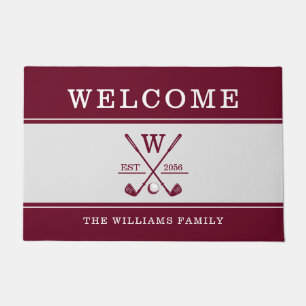 Golf Monogram Family Name Burgundy Grey Doormat