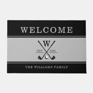 Golf Monogram Family Name Charcoal Grey Black Doormat