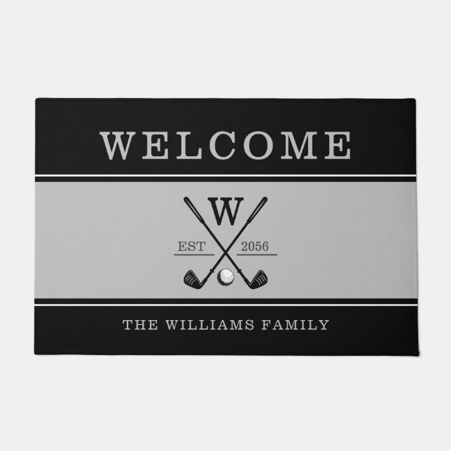 Golf Monogram Family Name Charcoal Grey Black Doormat (Front)