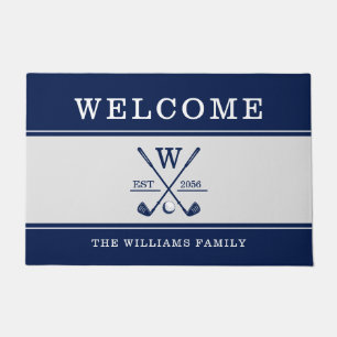 Golf Monogram Family Name Navy Grey Doormat