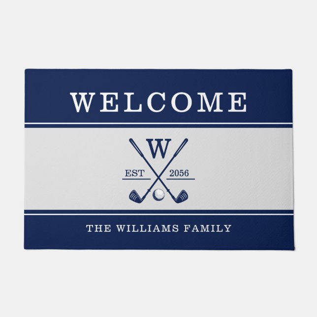Golf Monogram Family Name Navy Grey Doormat (Front)
