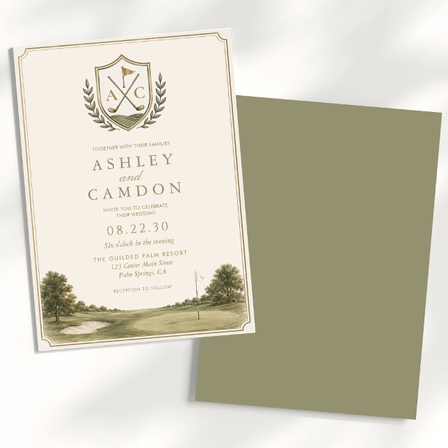 Golf Monogram Gold Sage Green Wedding Invitation (Creator Uploaded)