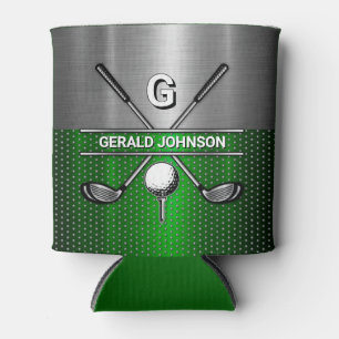 Golf Monogram Metallic Green and Silver Can Cooler