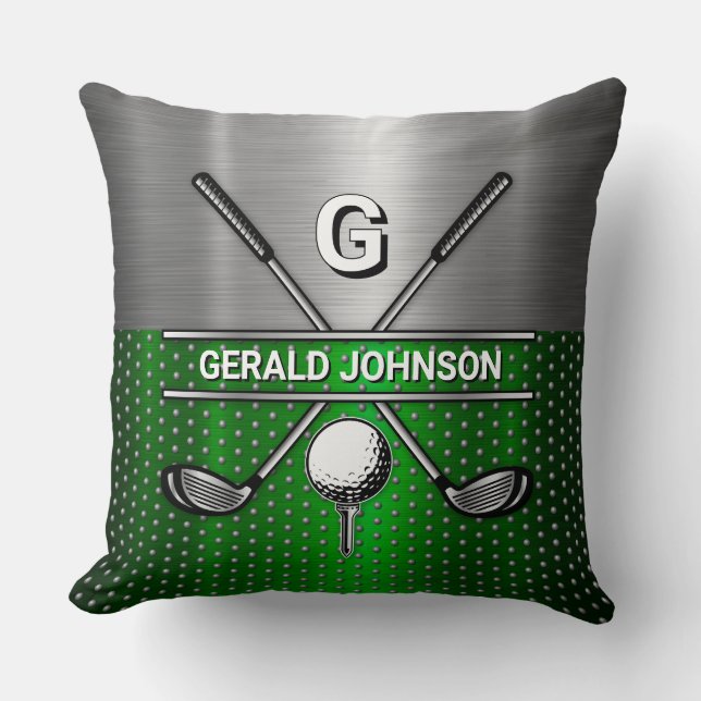 Golf Monogram Metallic Green and Silver Cushion (Front)
