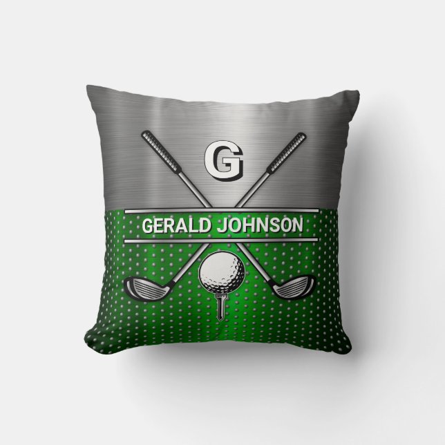 Golf Monogram Metallic Green and Silver Cushion (Front)