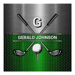 Golf Monogram Metallic Green and Silver Poster