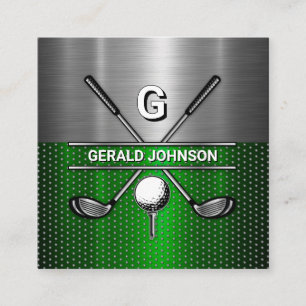 Golf Monogram Metallic Green and Silver Square Business Card