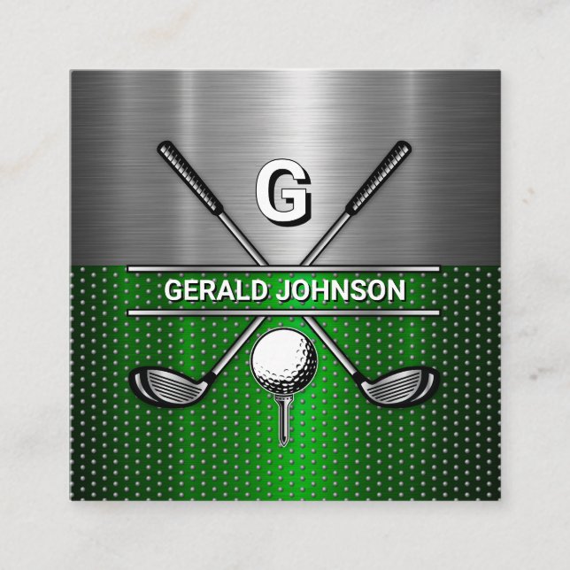 Golf Monogram Metallic Green and Silver Square Business Card (Front)