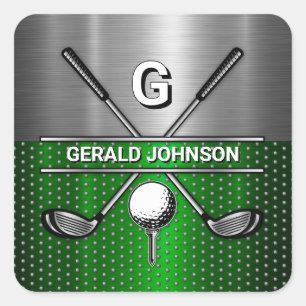 Golf Monogram Metallic Green and Silver Square Sticker