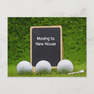 Golf moving to new house on chalkboard on green postcard
