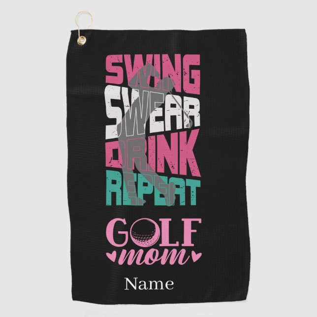 Golf Mum Swing Swear Repeat on Black  Towel (Front)