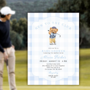 Golf new to the club blue gingham baby boy shower invitation