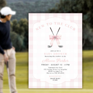 Golf new to the club pink gingham girl baby shower invitation