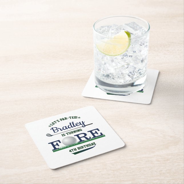 Golf PAR-TEE 4th Birthday Square Paper Coaster (Insitu)