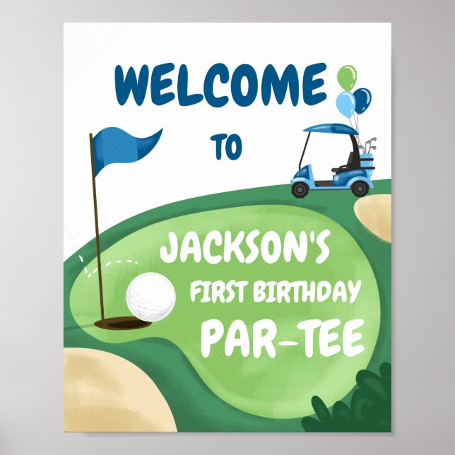 Golf Par-Tee Hole in One Boy Birthday Blue Welcome Poster (Front)