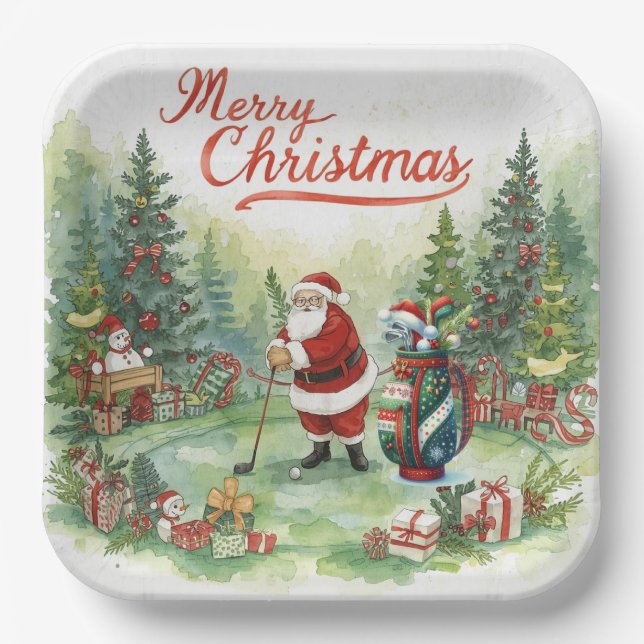 Golf Par tee party Santa Claus Christmas funny  Paper Plate (Front)