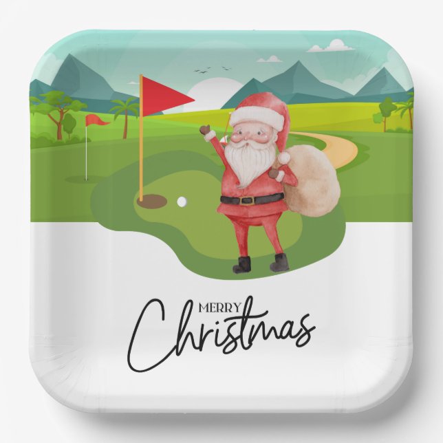 Golf Par tee party Santa Claus Christmas Party Paper Plate (Front)