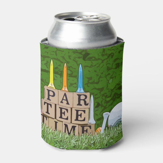 Golf Par tee party time with golf ball on green  C Can Cooler (Can Front)