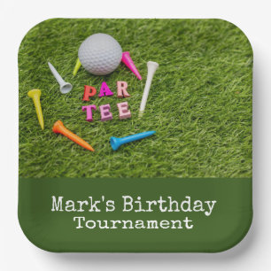Golf Par tee with golf ball on green Paper Plate