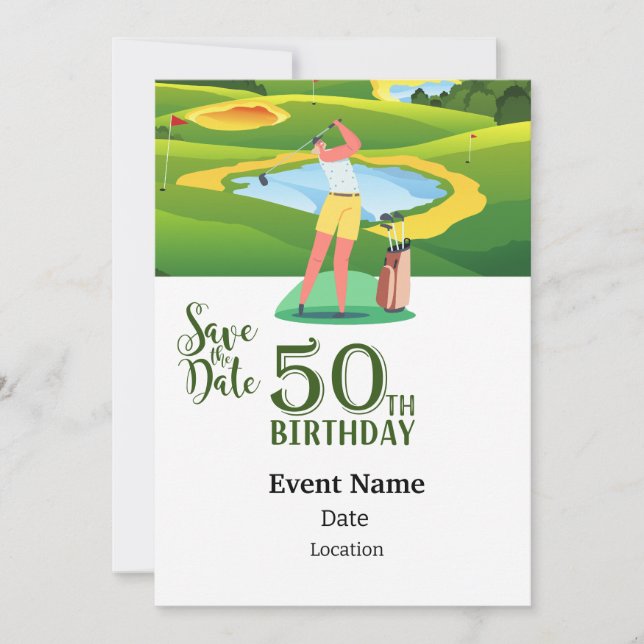 Golf Party  50th Birthday Save  Date woman golfer Invitation (Front)