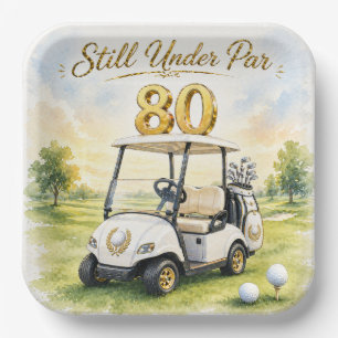 Golf Party 80th Birthday with golf cart on green Paper Plate