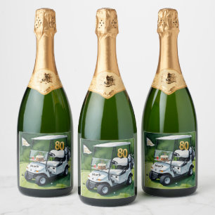 Golf Party  80th Birthday with golf cart on green Sparkling Wine Label