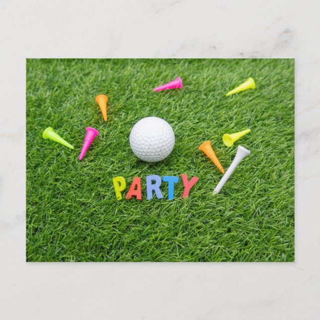 Golf Party invitaion with golf ball and tee green  Announcement Postcard (Front)
