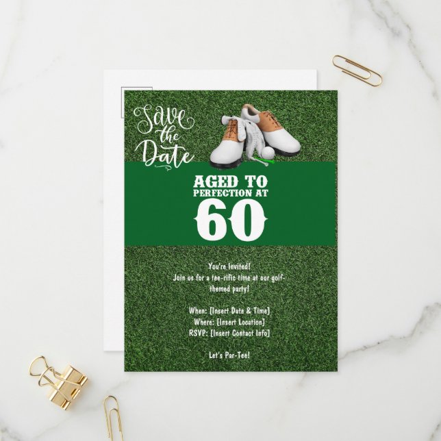 Golf Party invitation Save the Date 60th Birthday Postcard (Front/Back In Situ)