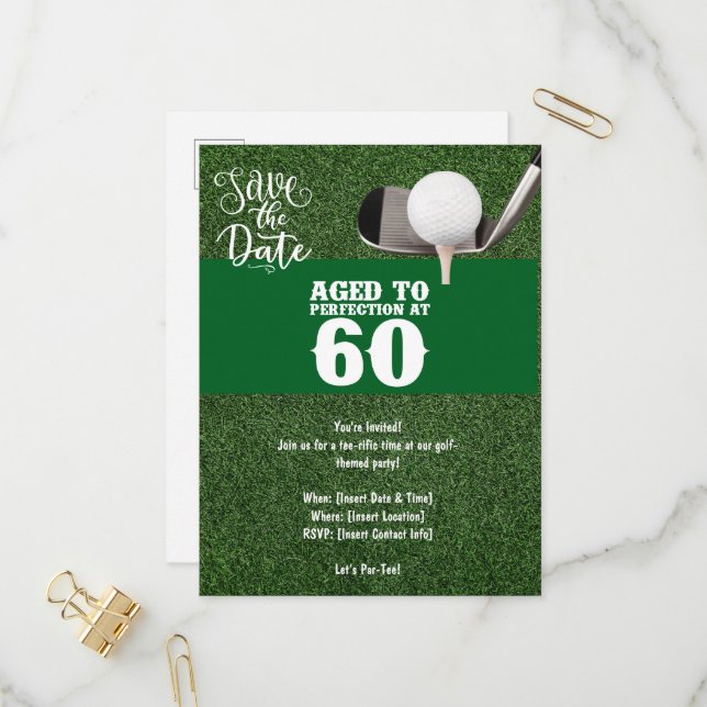 Golf Party invitation Save the Date 60th Birthday Postcard (Front/Back In Situ)