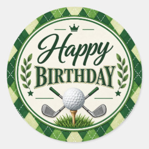 Golf Party Par Tee Green Argyle Happy Birthday Classic Round Sticker