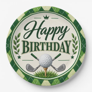Golf Party Par Tee Green Argyle Happy Birthday Paper Plate