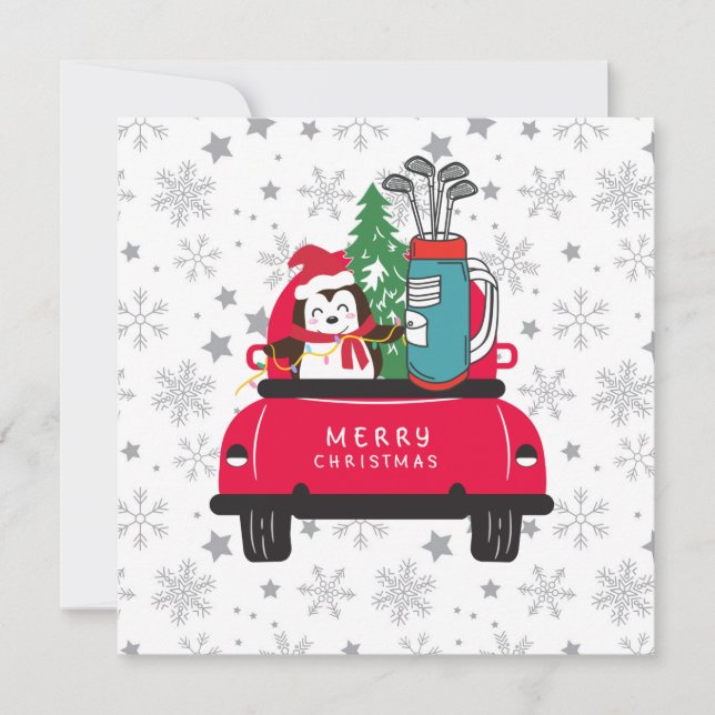 Golf Penguin golfer with golf cart Merry Christmas Card (Front)