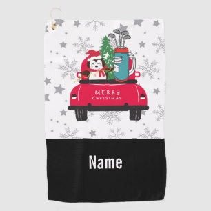 Golf Penguin golfer with golf cart Merry Christmas Golf Towel