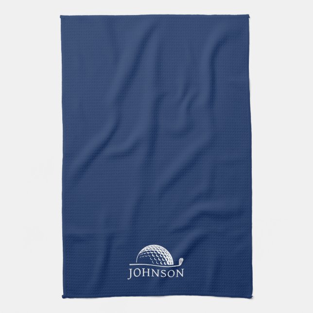 Golf Personalised Name Navy Blue Tea Towel (Vertical)