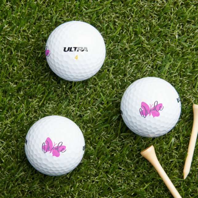 Golf pink butterfly and purple script name balls (Insitu Grass)