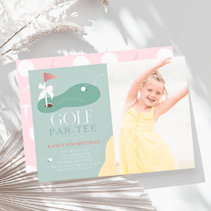 Golf Pink Flag Bow Photo Girl's Birthday Par-Tee Invitation