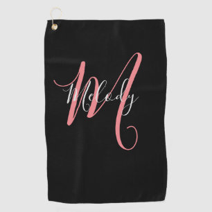 Golf Pink  Monogram with white script on black Towel